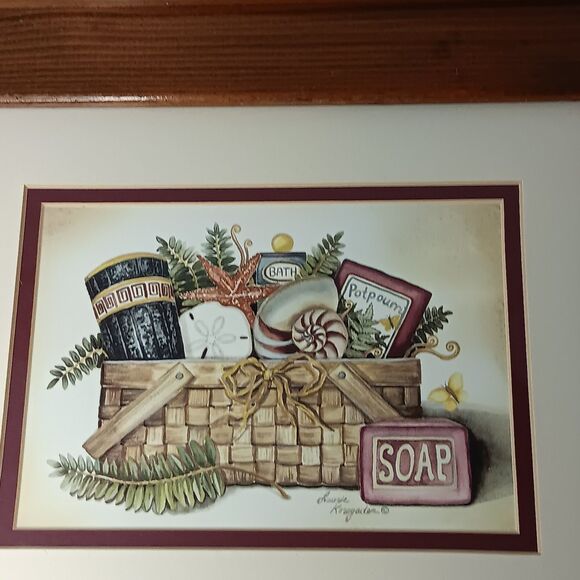 Vintage Laurie Korsgaden Bath Gift Basket Print #2 Matted Brown Wood Frame 14x12 - Picture 2 of 11
